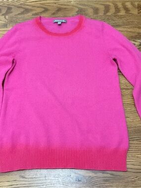 Neiman Marcus Bright Pink CASHMERE Crewneck Sweater with Ombré Trim Small